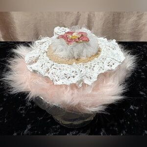 Handmade Retro Powder Puff In Vintage Opalscent Glass Dish Boudoir Gift Shabby